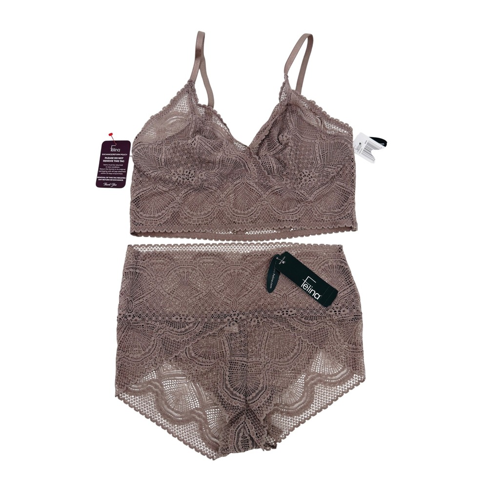 Felina Finesse Lingerie Set Women L/XL Mauve NEW Lace Bralette High Waist Panty